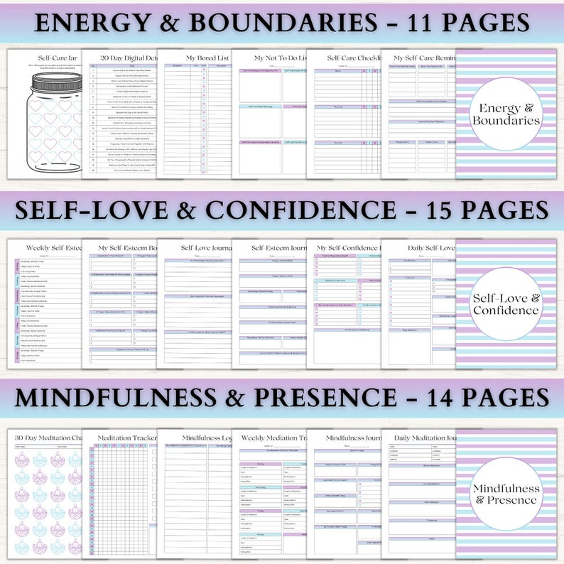 Puede incluir: Un conjunto de planificadores digitales con tres secciones: Energy & Boundaries con 11 p&aacute;ginas, Self-Love & Confidence con 15 p&aacute;ginas y Mindfulness & Presence con 14 p&aacute;ginas. Cada secci&oacute;n incluye varios rastreadores, listas y diarios con portadas de rayas moradas y azules.
