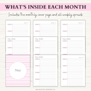 May include: A planner layout with the text "WHAT'S INSIDE EACH MONTH" and "Includes the monthly cover page and all weekly spreads." The layout features weekly spreads for May 2026, with a pink and white striped cover page.