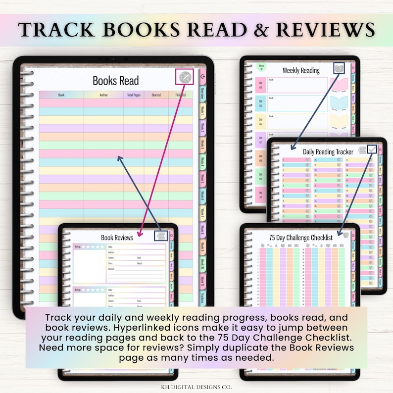 May include: A digital reading planner displayed on multiple screens featuring a Books Read log, Weekly Reading tracker, Daily Reading Tracker, and 75 Day Challenge Checklist. The pages include pastel-colored rows, hyperlinked icons, and text.