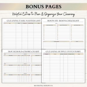 May include: A set of four printable cleaning planner pages featuring the text BONUS PAGES, Helpful Extras to Plan & Organize Your Cleaning, Cleaning Task Master List, Room-by-Room Checklist, Household Chore Chart, and Cleaning Supply Inventory.