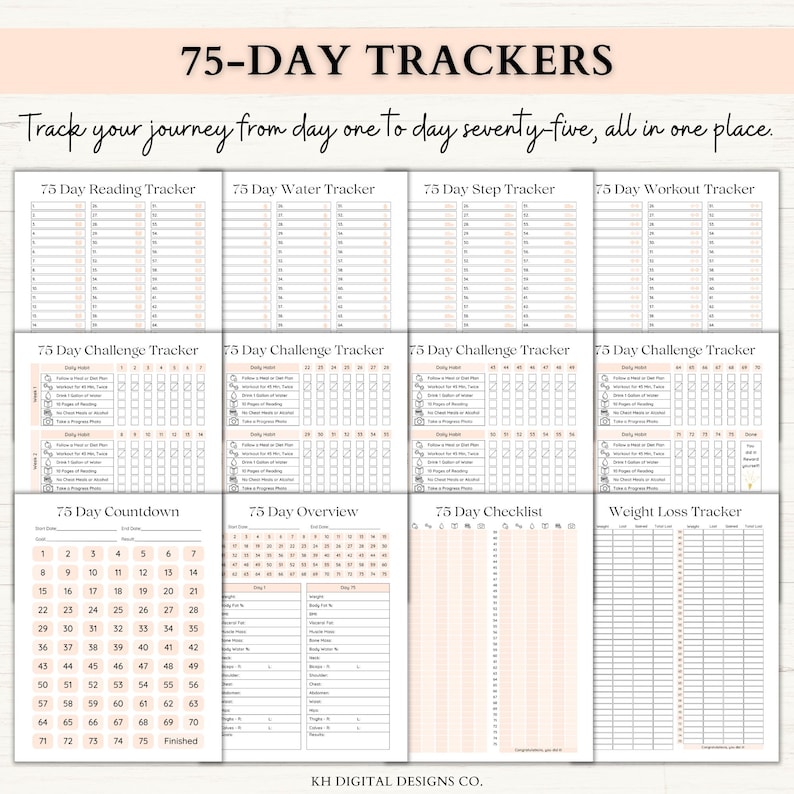 75 Day Challenge Printable Bundle: Workout Planner, ADHD Habit Tracker, Weight Loss Journal, 75 Soft + Medium Challenge (PDF) – 6 Colors image 6