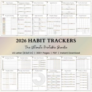 2026 Habit Tracker Printable Bundle: Minimalist Fitness Journal, ADHD Mood & Routine Tracker, Monthly Goal Setting Planner (PDF) – Boho