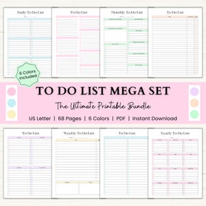 To Do List Printable Bundle | Productivity Planner | Daily, Weekly & Monthly Task Lists | PDF | 6 Colors