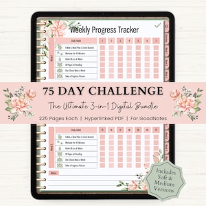 75 Day Challenge Digital Planner Bundle | 75 Soft & 75 Medium Tracker | Workout Planner for iPad | Hyperlinked PDF | Peach Floral