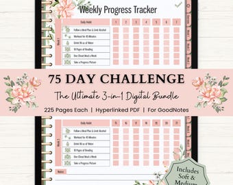 75 Day Challenge Digital Planner Bundle | 75 Soft & 75 Medium Tracker | Workout Planner for iPad | Hyperlinked PDF | Peach Floral