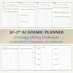 Op de afbeelding: Een set afdrukbare academische plannerpagina's. De pagina's bevatten een klasoverzicht, een dagelijkse studieplanner, een cijfertracker en een opdrachtenplanner. De planner is wekelijks en maandelijks gedateerd, met een spread van 2 pagina's. De tekst luidt "26'-27' ACADEMIC PLANNER".