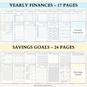 May include: A digital planner with two sections: "Yearly Finances" with 17 pages and "Savings Goals" with 24 pages. The planner includes various financial tracking templates, such as tax deductions, debt tracking, and savings plans. The pages have a white background with light blue and yellow accents.