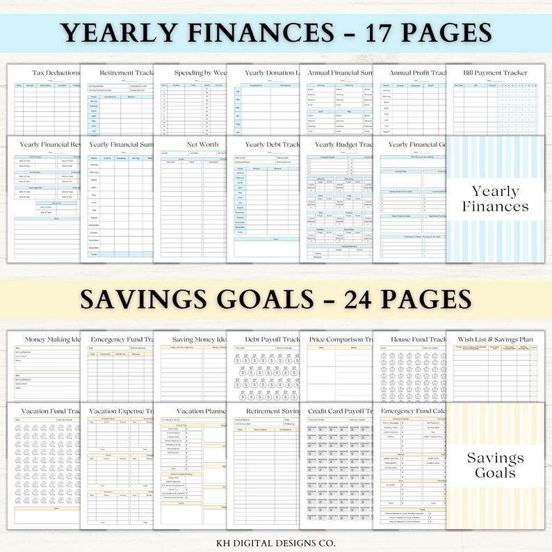 May include: A digital planner with two sections: "Yearly Finances" with 17 pages and "Savings Goals" with 24 pages. The planner includes various financial tracking templates, such as tax deductions, debt tracking, and savings plans. The pages have a white background with light blue and yellow accents.