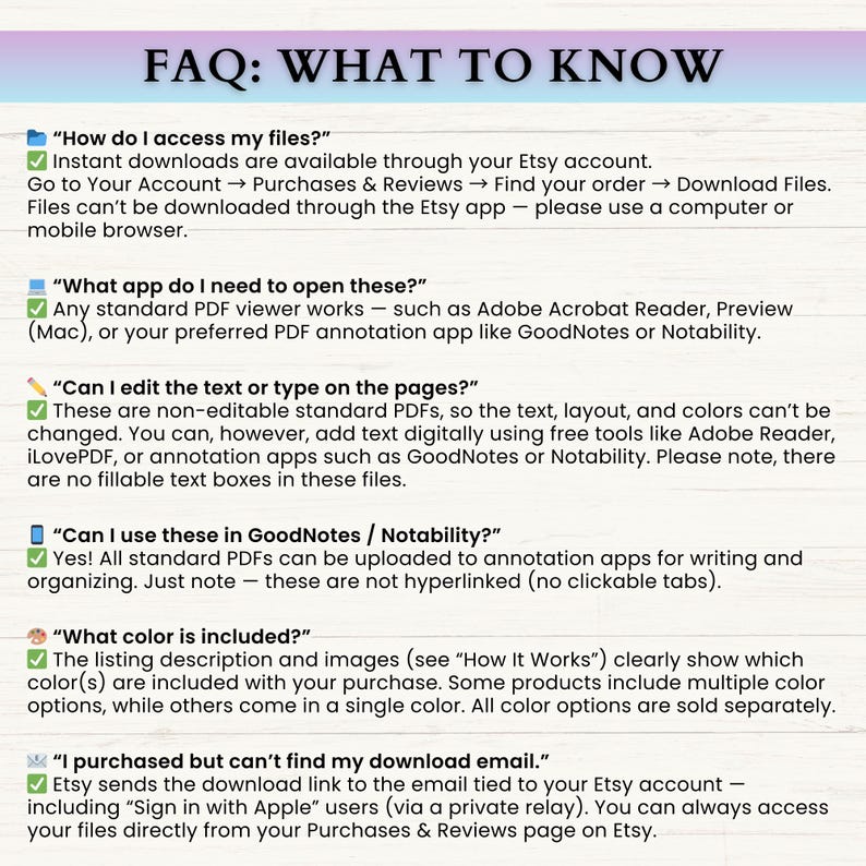 Puede incluir: Un gr&aacute;fico informativo de preguntas frecuentes titulado FAQ: WHAT TO KNOW. Enumera seis preguntas sobre el acceso a archivos digitales, visores de PDF, edici&oacute;n de texto, compatibilidad de aplicaciones, colores y correos de descarga.