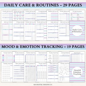 Puede incluir: Una colecci&oacute;n de p&aacute;ginas de planificador imprimibles con Daily Care & Routines de 29 p&aacute;ginas y Mood & Emotion Tracking de 19 p&aacute;ginas. Los documentos utilizan un tema de rayas azul y morado claro con fondos blancos, texto negro y gr&aacute;ficos.