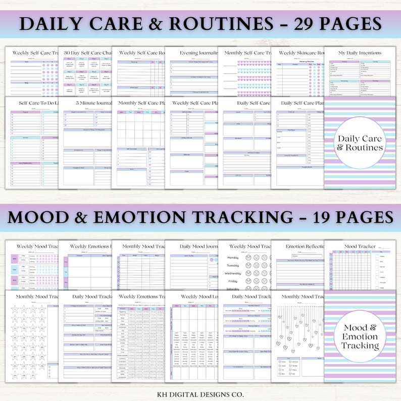 Puede incluir: Una colecci&oacute;n de p&aacute;ginas de planificador imprimibles con Daily Care & Routines de 29 p&aacute;ginas y Mood & Emotion Tracking de 19 p&aacute;ginas. Los documentos utilizan un tema de rayas azul y morado claro con fondos blancos, texto negro y gr&aacute;ficos.