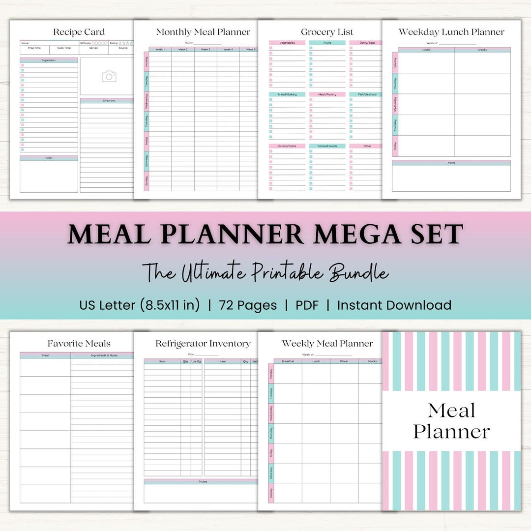 Meal Planner Printable Bundle | Weekly & Monthly Meal Organization ...