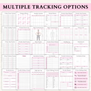 May include: A printable planner with a pink and white design. The planner includes multiple tracking options, such as water intake, reading, steps, mood, sleep, fitness, meals, workouts, intermittent fasting, and more.