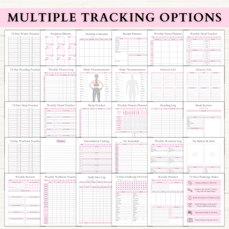 May include: A printable planner with a pink and white design. The planner includes multiple tracking options, such as water intake, reading, steps, mood, sleep, fitness, meals, workouts, intermittent fasting, and more.