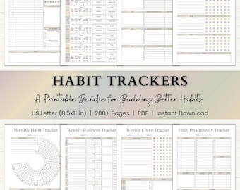 Puede incluir: Un paquete de rastreadores de hábitos imprimibles con ocho diseños de página distintos, que incluyen rastreador de gastos semanal, fitness, objetivos, cuidado personal, hábitos mensuales, bienestar, tareas y productividad diaria.