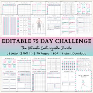 Editable 75 Day Challenge Planner | 75 Soft Challenge Printable | 75 Medium Template | WeightLoss Journal | Fillable Workout Fitness Tracker