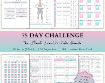 May include: A printable 75-day challenge bundle with various trackers, including body measurements, reading, and weigh-in charts. The bundle includes a countdown, meal, and fitness trackers. The text reads "75 DAY CHALLENGE" and "The Ultimate 3-in-1 Printable Bundle."