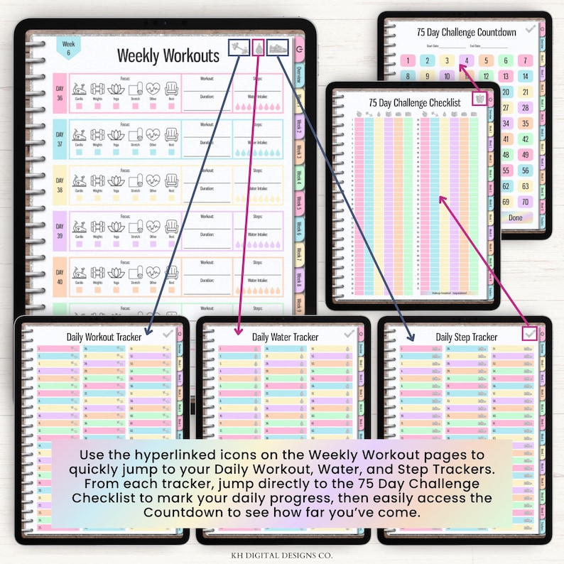 May include: A digital fitness planner layout featuring a Weekly Workouts page with hyperlinked icons connecting to Daily Workout, Water, and Step Trackers, plus a 75 Day Challenge Checklist and Countdown page with colorful rows and columns.