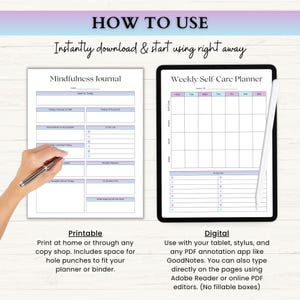 Puede incluir: Una p&aacute;gina imprimible de diario de atenci&oacute;n plena y un planificador semanal de cuidado personal en una tableta digital. El diario incluye secciones para objetivos, h&aacute;bitos y gratitud. El planificador contiene una cuadr&iacute;cula semanal y una lista.
