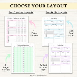 May include: A digital planner layout options for a 75-day challenge tracker, a 75-day checklist, and two daily layouts. The tracker and checklist layouts are in a green and white color scheme. The daily layouts are in a blue and white color scheme and a pink and white color scheme. The daily layouts include sections for reading, meals, to-do list, water, mood tracking, and notes.
