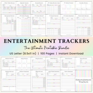 Puede incluir: Un paquete imprimible de rastreadores de entretenimiento para películas, programas de televisión, música, podcasts y más. El paquete incluye 100 páginas y está disponible en tamaño US Letter (8.5x11 pulgadas).