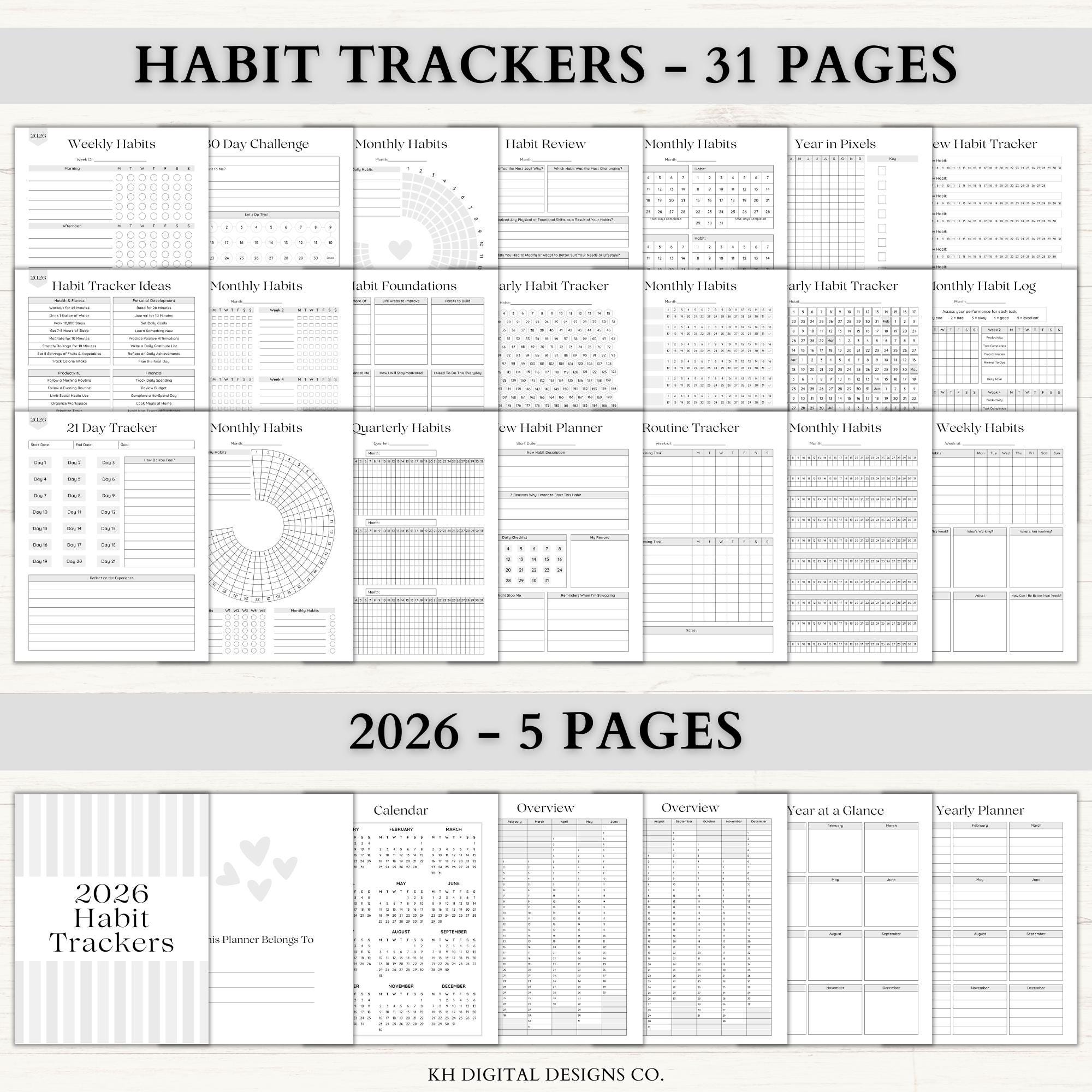 2026 Habit Tracker Printable Bundle: Minimalist ADHD Goal Planner ...