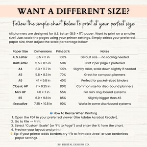 May include: A printable guide with a chart detailing paper sizes and scaling percentages for printing planners. Includes U.S. Letter (8.5 x 11 in) and other sizes like A4 (21.0 x 29.7 cm). Instructions on how to resize and print are also provided.