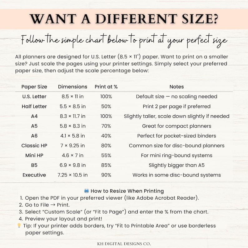 May include: A printable guide with a chart detailing paper sizes and scaling percentages for printing planners. Includes U.S. Letter (8.5 x 11 in) and other sizes like A4 (21.0 x 29.7 cm). Instructions on how to resize and print are also provided.