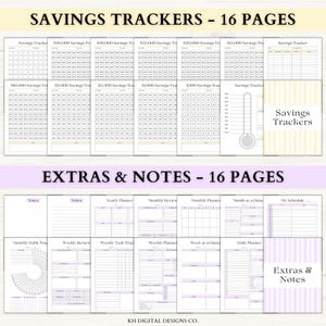 May include: A digital planner with "SAVINGS TRACKERS - 16 PAGES" and "EXTRAS & NOTES - 16 PAGES" printed on the cover. The pages include savings trackers, monthly reviews, and habit trackers. The design is in shades of white, yellow, and purple.