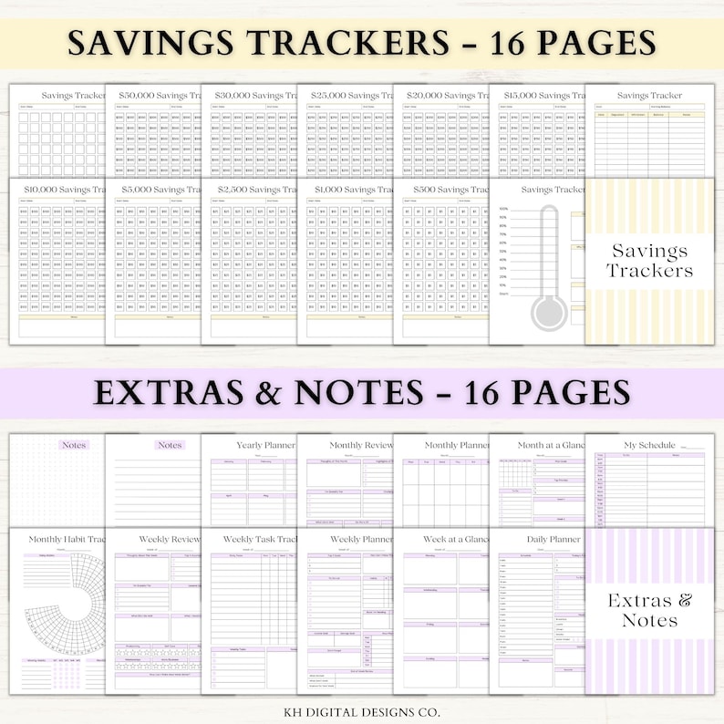 May include: A digital planner with "SAVINGS TRACKERS - 16 PAGES" and "EXTRAS & NOTES - 16 PAGES" printed on the cover. The pages include savings trackers, monthly reviews, and habit trackers. The design is in shades of white, yellow, and purple.