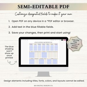 May include: A semi-editable PDF cleaning schedule displayed on a computer monitor. The document features blue fillable fields for daily, weekly, monthly, quarterly, and annual tasks. Text instructions explain how to customize the fields using a PDF editor.