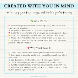 May include: A digital planner design with the text "CREATED WITH YOU IN MIND." The image lists features like clean layouts, support for busy brains, and steady progress. It's designed for neurodivergent individuals and those seeking supportive tools.