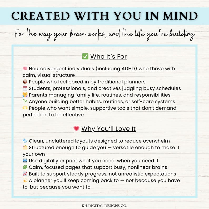 May include: A digital planner design with the text "CREATED WITH YOU IN MIND." The image lists features like clean layouts, support for busy brains, and steady progress. It's designed for neurodivergent individuals and those seeking supportive tools.