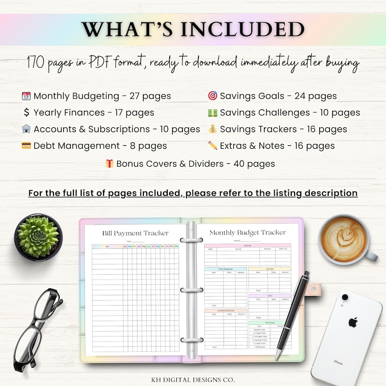 May include: A digital planner with a pastel cover, open to a Bill Payment Tracker and Monthly Budget Tracker. The image includes a succulent, glasses, a pen, a phone, and a cup of coffee. Text reads "WHAT'S INCLUDED" and lists pages for budgeting, savings, and debt management.
