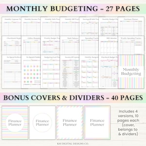 May include: A digital finance planner with 27 pages for monthly budgeting and 40 bonus covers and dividers. The planner includes various templates for expense tracking, income tracking, and bill calendars. The covers and dividers have pastel color stripes and the text "Finance Planner".