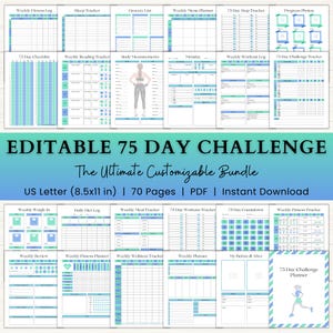 Editable 75 Day Challenge Planner | 75 Soft Printable | 75 Medium Tracker Template | WeightLoss Journal | 75 Day Checklist | Fitness Planner
