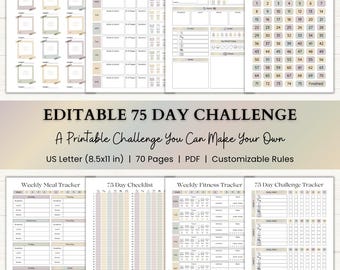 Editable 75 Day Challenge Planner | Fitness & Weight Loss Journal | 75 Soft Medium Challenge Tracker | Printable PDF | Boho