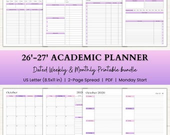 2026-2027 Academic Planner Printable | Dated 2-Page Weekly & Monthly Spread | Teacher Planner, School Year Organizer | PDF | Pink Purple