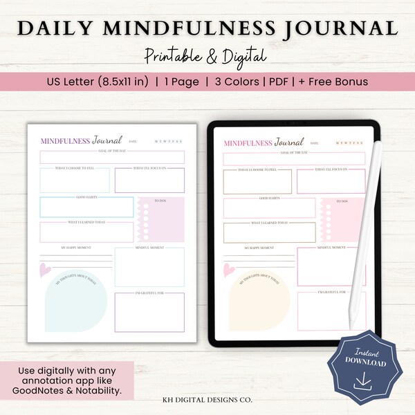 Daily Mindfulness Journal Printable | Wellness Journal | Manifestation Journal | Self Reflection Journal | Digital Gratitude Journal | PDF