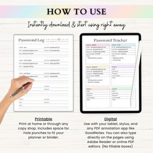 May include: A printable Password Log sheet and a digital Password Tracker tablet interface. The log features alphabet tabs and lines for website, username, email, password, and notes. The digital tracker displays colorful boxes for account details.