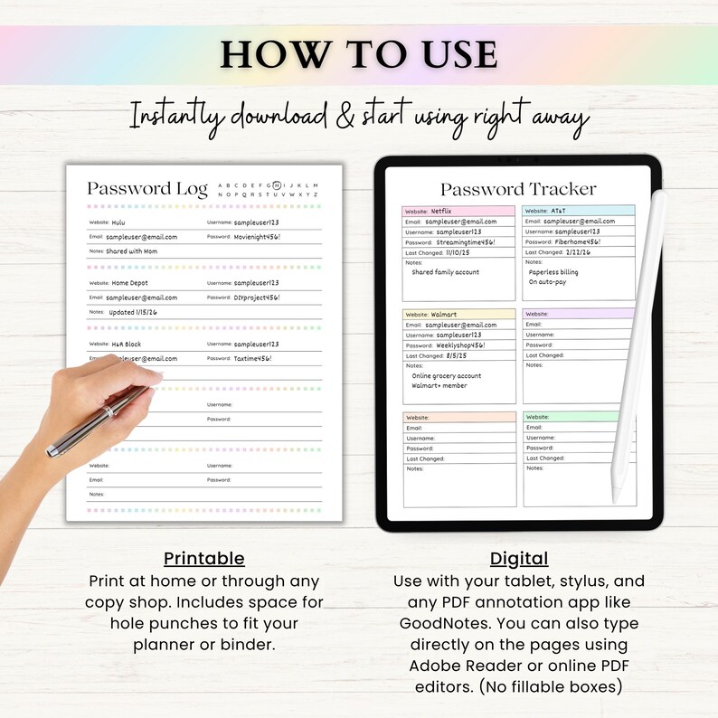 May include: A printable Password Log sheet and a digital Password Tracker tablet interface. The log features alphabet tabs and lines for website, username, email, password, and notes. The digital tracker displays colorful boxes for account details.