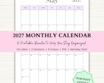 2027 Monthly Calendar Printable | Monday Start Planner | Family Planner | Desk Calendar | PDF | 6 Colors