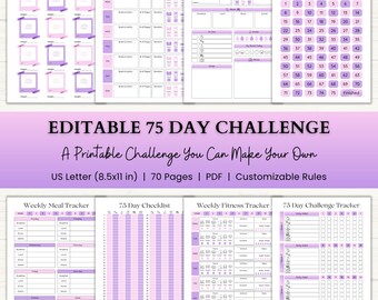 Editable 75 Day Challenge Planner | Fitness & Wellness Journal | 75 Soft Medium Challenge Tracker | Printable PDF | Pink Purple