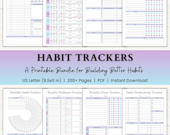 Habit Tracker Printable Bundle | ADHD Task Tracker | Reading, Budget & Goal Trackers | PDF | Blue Purple