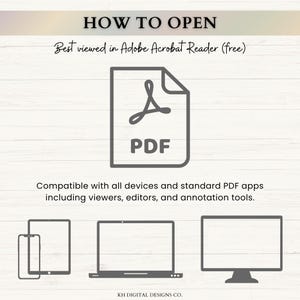 May include: An instructional graphic titled HOW TO OPEN, stating it is best viewed in Adobe Acrobat Reader. It features a large PDF icon, text regarding device compatibility, and icons of a smartphone, tablet, laptop, and monitor. KH DIGITAL DESIGNS CO.