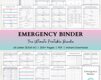 May include: A collection of printable planner pages, including savings, debt, and banking trackers, plus medical and insurance details. The title "EMERGENCY BINDER" is displayed prominently, with the text "The Ultimate Printable Bundle". The pages are US Letter size.