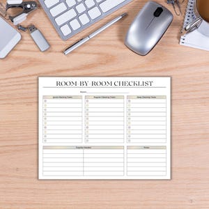May include: A white paper checklist titled ROOM-BY-ROOM CHECKLIST with a blank line for the room name. It features three columns for Quick Cleaning Tasks, Regular Cleaning Tasks, and Deep Cleaning Tasks, plus sections for Supplies Needed and Notes.