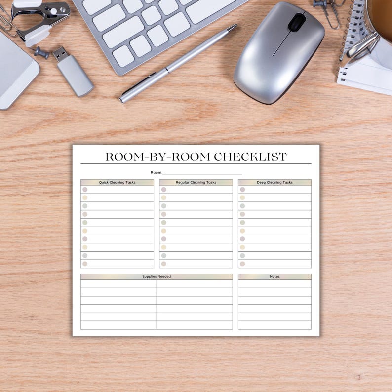 May include: A white paper checklist titled ROOM-BY-ROOM CHECKLIST with a blank line for the room name. It features three columns for Quick Cleaning Tasks, Regular Cleaning Tasks, and Deep Cleaning Tasks, plus sections for Supplies Needed and Notes.