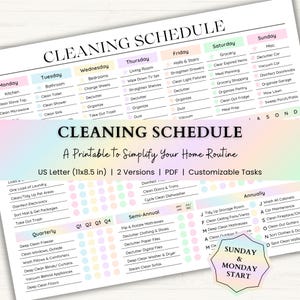 May include: A printable cleaning schedule document with a pastel gradient header. It features weekly, quarterly, semi-annual, and annual task lists with checkboxes. The text includes 'CLEANING SCHEDULE', 'US Letter (11x8.5 in)', and 'SUNDAY & MONDAY START'.