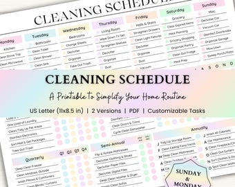 Editable Cleaning Schedule | ADHD Cleaning Planner & Chore Chart | Family Cleaning Checklist | Printable PDF | Rainbow